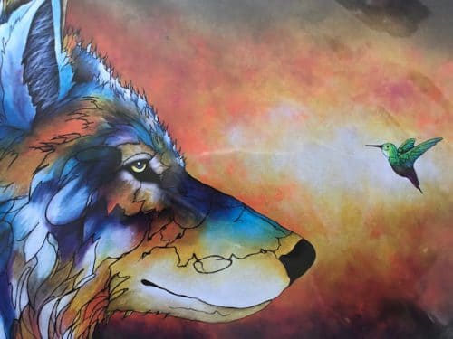 Illustration représentant un loup et un colibri