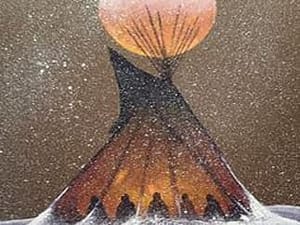 Illustration d'un tipi sous la neige avec un soleil levant