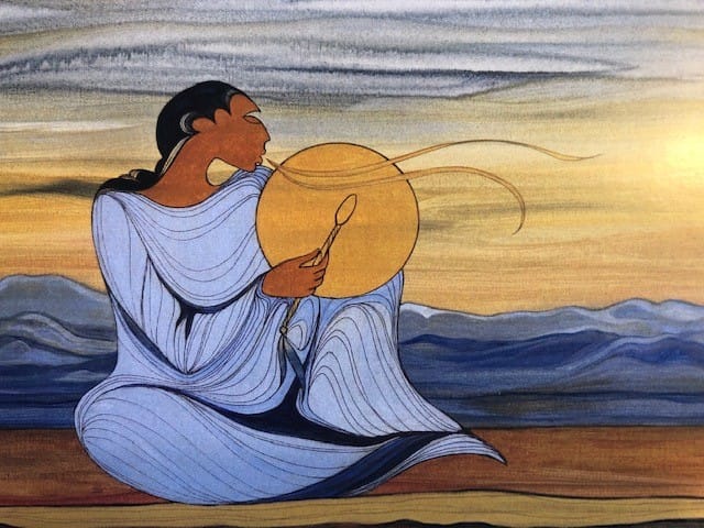 Illustration d'un amérindien pratiquant la méditation au tambour